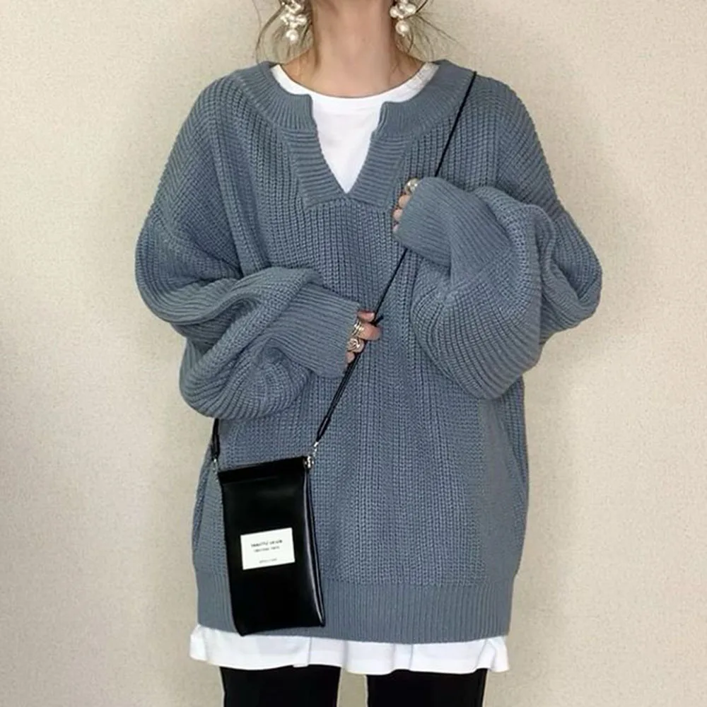 

Женский свободный свитер в стиле пэчворк, однотонный эластичный Повседневный офисный простой свитер средней длины с длинным рукавом и V-обр...