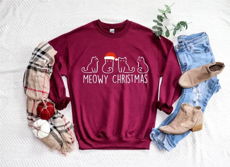 

Meowy Christmas Meowy Sweater Cat lover Sweater,Animal Lover Gift 100% cotton kawaii Unisex goth Streetwear top Drop shipping