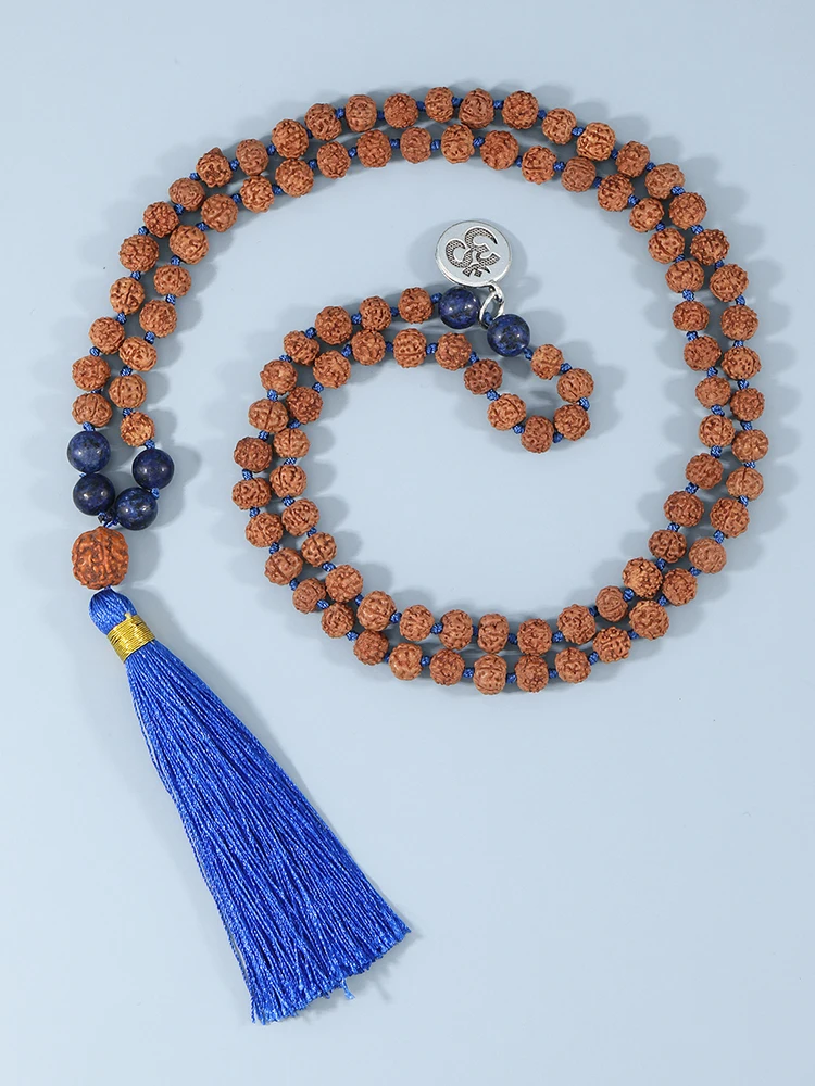 YUOKIAA Natural Rudraksha Mala 108 Bead Necklace Knotted Lapis Lazuli Meditation Prayer Beaded Japamala Tassel Necklace Bohemian
