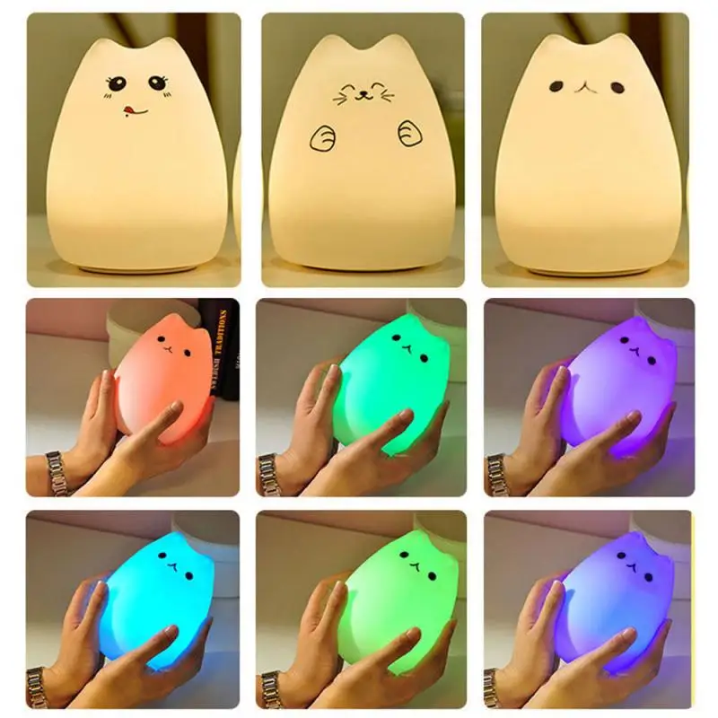 

LED Night Light Cute Silicone Cat 7Color Change Rechargeable Kids Bedroom Lamp Charging Pat And Touching Easy To Use