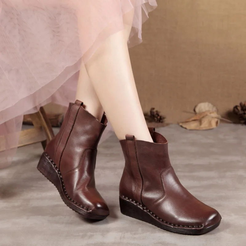 

High Quality Top Cowhide 100% Genuine Leather Boots Flat Wedges Comfortable Boots Women Boots 2020 New Autumn Shoes Short Boots