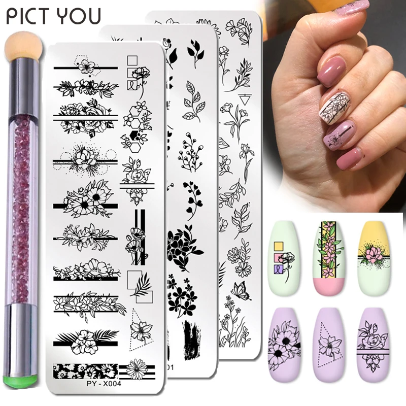 2Pcs/set Nail Stamping Plates Set Silicone Sponge Brush Polish Transfer Stencils Flower Geometry DIY Template for Nail Tools