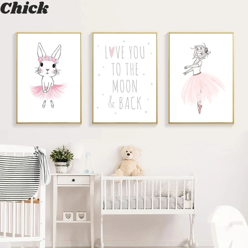 

Kids Room Poster Pink Rabbit Children Poster Baby Room Decor Nursery Wall Art Canvas Painting Prints Ballet Girl Bedroom Picture