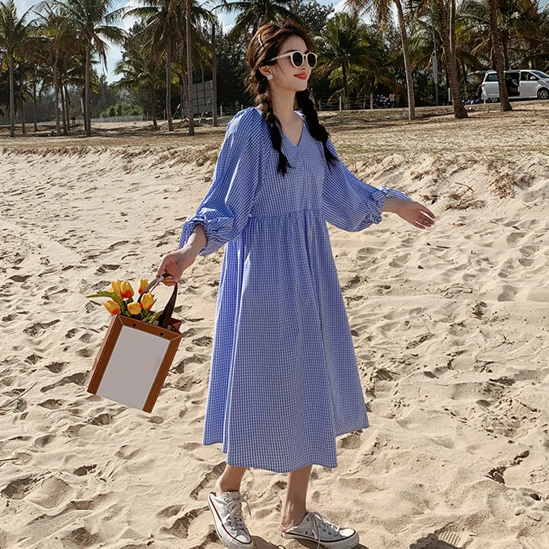 

2021 Women's Summer Sundress Korean Plaid Maxi Dress Casual Puff Sleeve Baggy Vestidos Female V-Neck Robe Plus Size 2XL