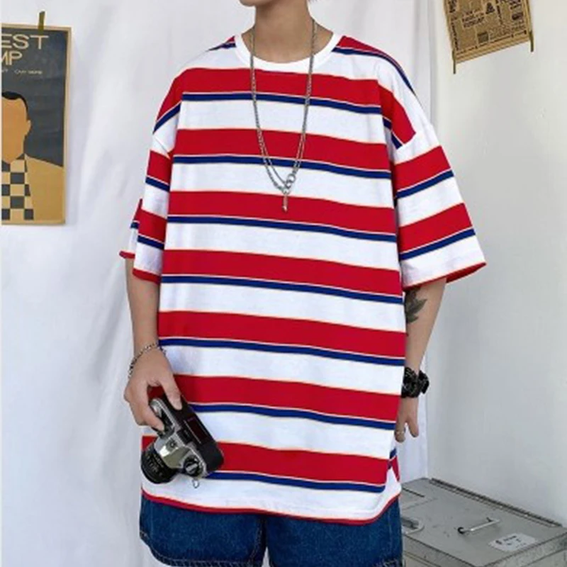 

2021 Summer Hong Kong Style Multicolor Striped Men Tshirt Casual Short Sleeve Student Boy Top 4xl Oversized Harajuku Streetwear