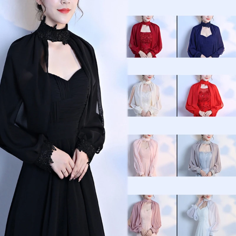 

2021 New Women Side Split Long Sleeve Wedding Shawl Cape Halter Neck Chiffon Shrug Bolero
