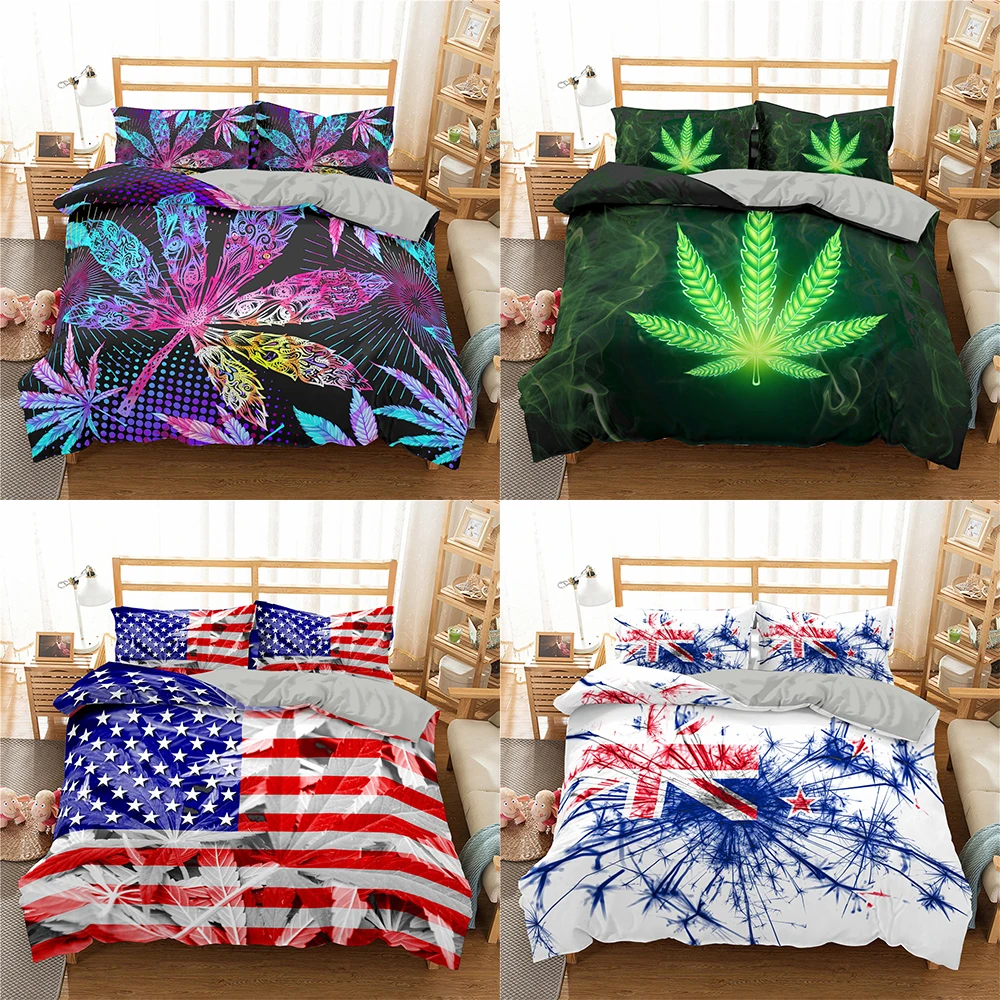 

Hot Sales Weed Leaves Bedding set Soft Polyester Fabric Plant Duvet Cover Queen King Size Quilt Covers With Pillowcase 2/3pcs