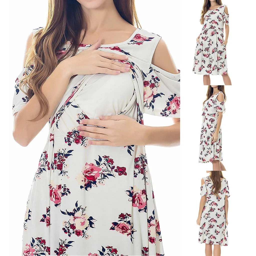 

Ladies Multifunctional Mother Women Pregnant Maternity Nursing Solid Breastfeeding Stitching Summer Maternity Dress L1226