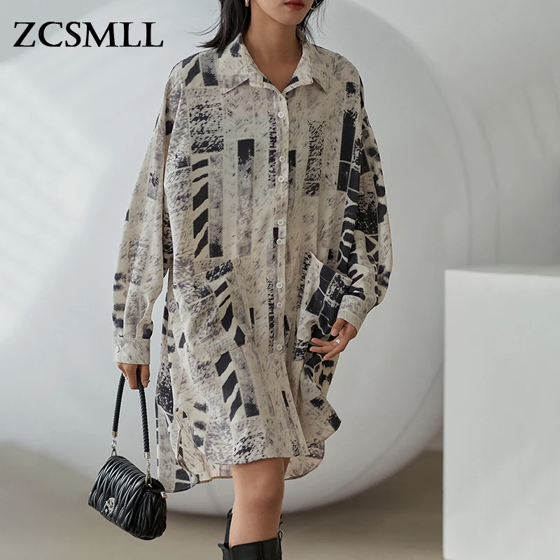 

ZCSMLL Women Ink Printed Big Size Long Blouse New Lapel Long Sleeve Loose Fit Shirt Fashion Tide Spring Autumn 2021 TH1160