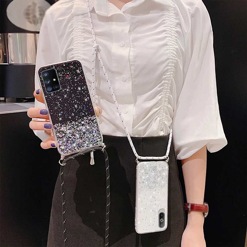 Прозрачный блестящий чехол с ремешком на шею для Samsung Galaxy A51 A71 S20 FE Ultra S10 Plus A02 A41 A12