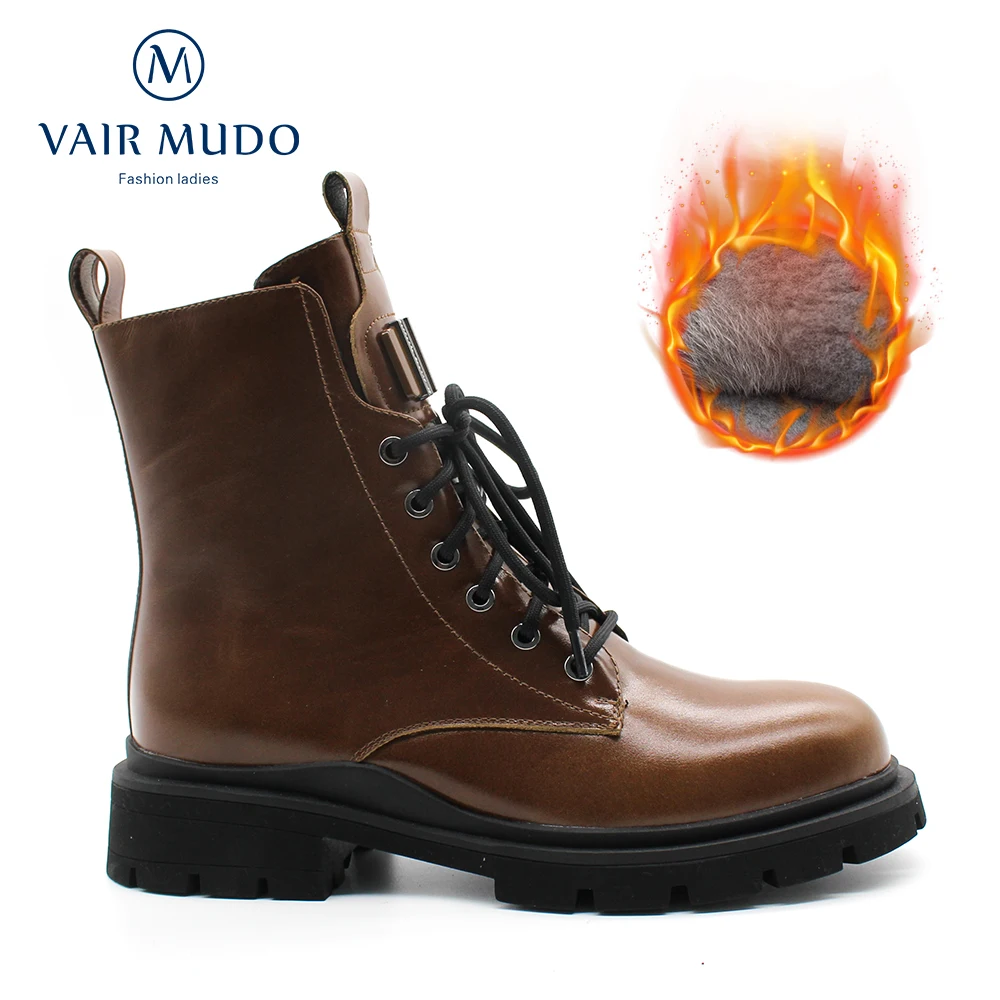 

VAIR MUDO Women Brown Ankle Boots Cross Lace Up Genuine Leather Fashion Lady Winter Autumn Shoes Zipper Solid Thick Low HeelDX71