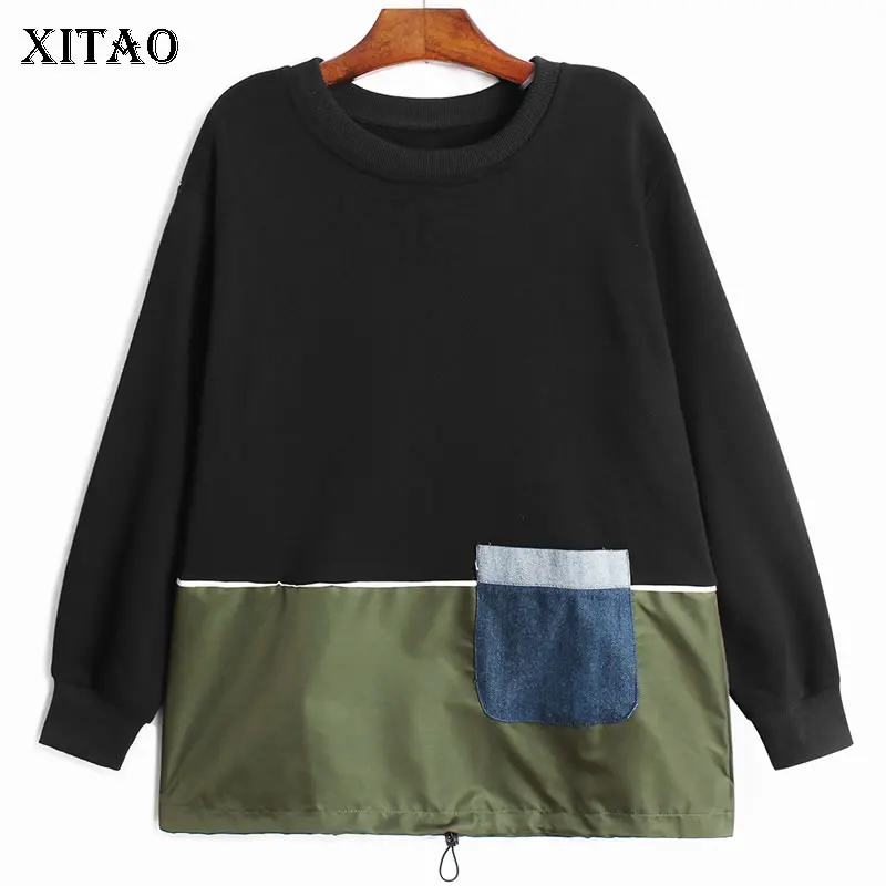 

XITAO контрастные Цветные Лоскутные Кофты с индивидуальным карманом и кулиской, универсальные Повседневные пуловеры с круглым вырезом для же...