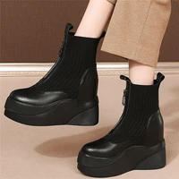 punk goth trainers women genuine leather wedges high heel riding boots female knitting round toe fashion sneakers casual shoes