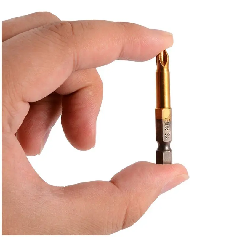 

10pcs 50mm PH2 1/4 inch Hex Shank Magnetic Cross Head Screwdriver Bits Titanium Coated S2 Steel Power Tools, Gold gray