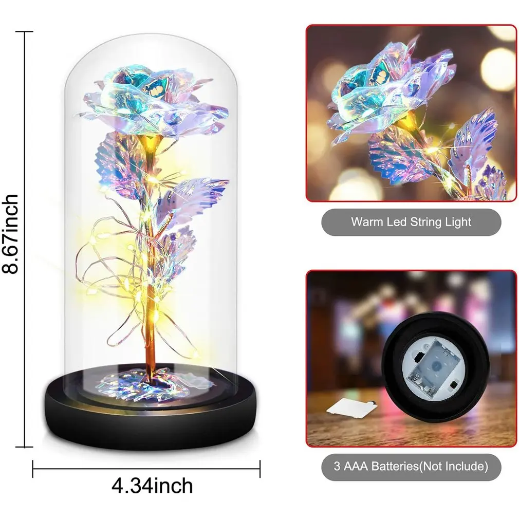

Gold Foil Galaxy Rose Flower LED Light Artificial Flowers Immortal Flower In Glass Dome Mother Day Valentine Gift for Girls