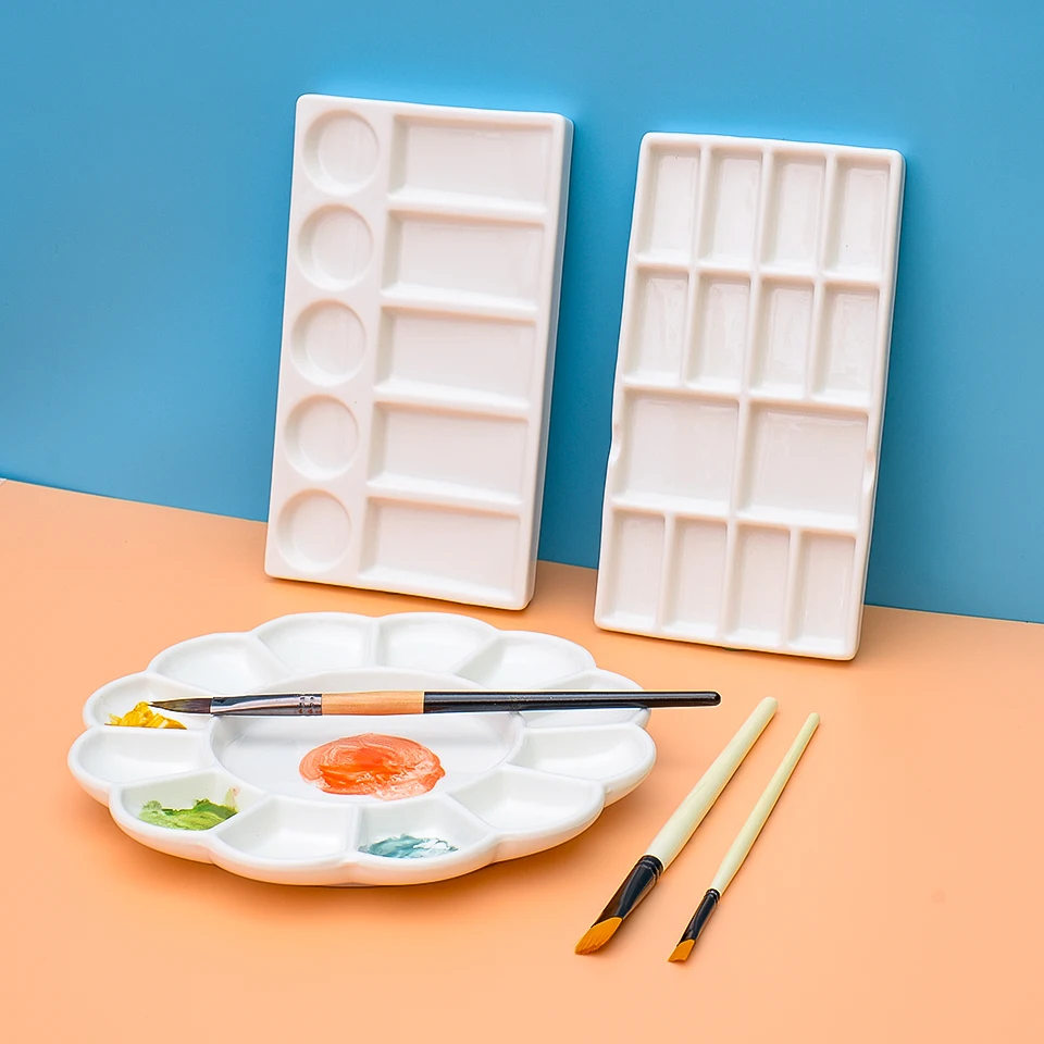 

Watercolor Palette Ceramic Oil Paint Palette Round Plum Shape White Porcelain For Gouache Acrylic Mixed Color Tray Art Supplies