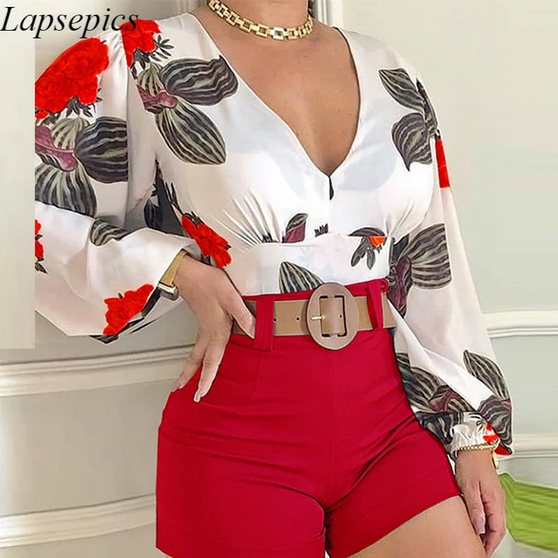 

Женский офисный костюм из двух предметов, пикантный топ с V-образным вырезом и цветочным принтом и однотонные облегающие шорты, элегантный л...
