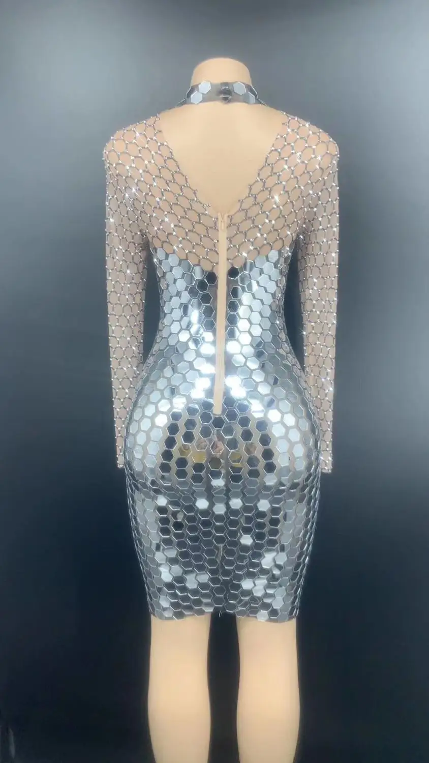 

Rhinestone Mirror Transparent Dress Birthday Celebrate Outfit Women Dance Dress Prom Show Short Dress YOUDU