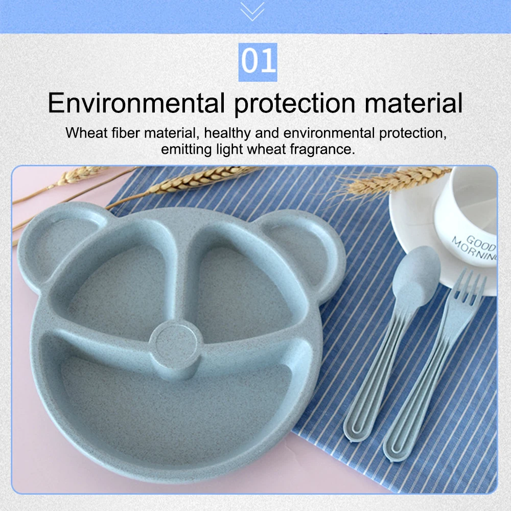 

1Set Wheat Straw Plates Breakfast Tray Dinner plate With Fork Spoon Cartoon Bear Shape Baby Feeding Dinnerware Kitchen Tools