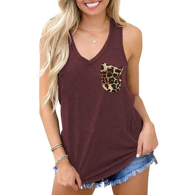 

Summer New Women's Sleeveless V-neck Loose Casual Solid Leopard Print Pocket Vest T-shirt For Women