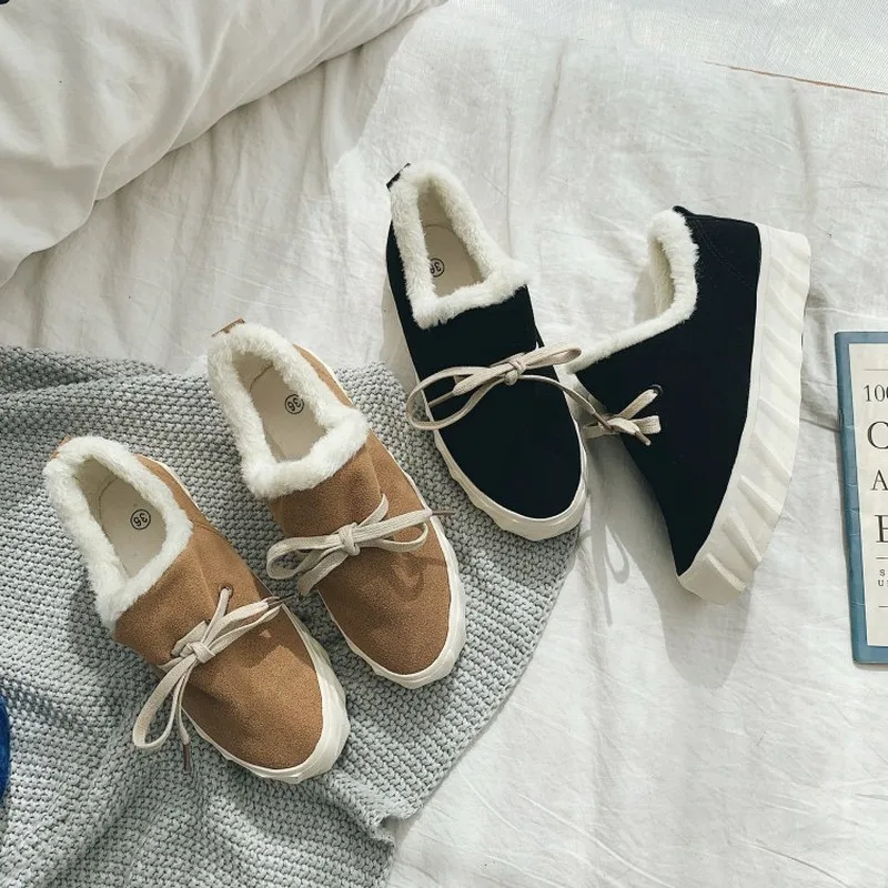 Осенне-зимние женские теплые хлопковые туфли с бантиком и помпоном короткие