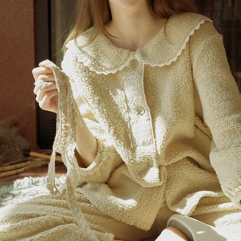 

Women Loose Pajamas Set Winter Thicken Bubble Velvet Pijamas Sleepwear Long Sleeve Shirt&pant Sweet Lace Sleep Suit Home Clothes