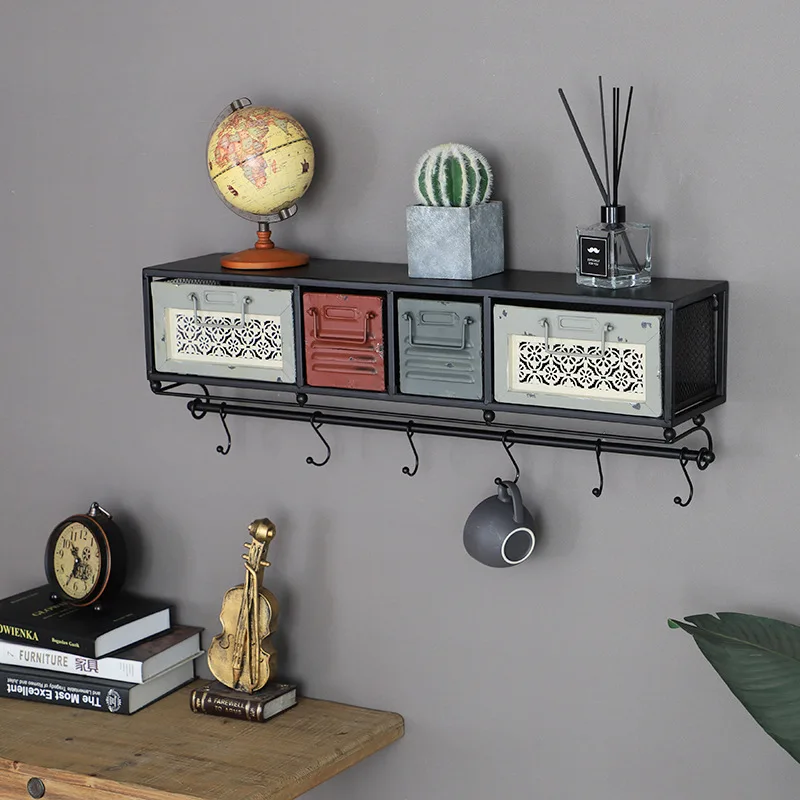 

Wall Shelf Retro Iron Decorative Shelves Home Decoration Drawer Cabinet Storage OrganIzer Farmhouse Style Nordic for Living Room