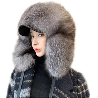 winter mens 100 genuine silver fox fur bomber hat with earflap raccoon fur ushanka cap trapper luxury russian woman ski cap