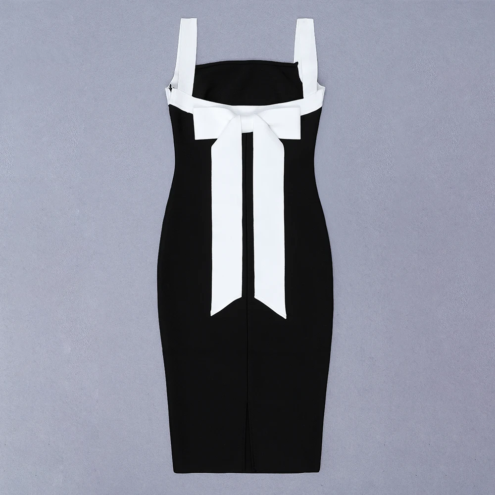 

2019 New Black White Color Matching Bow Bandage Dress Spaghetti Strap High Quality Rayon Elegant Christmas Outfit