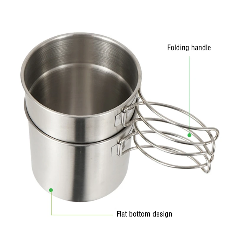 2Pcs Stainless Steel Pot Portable Camping Water Mug Cup with Folding Handle Picnic Cookware Set | Спорт и развлечения