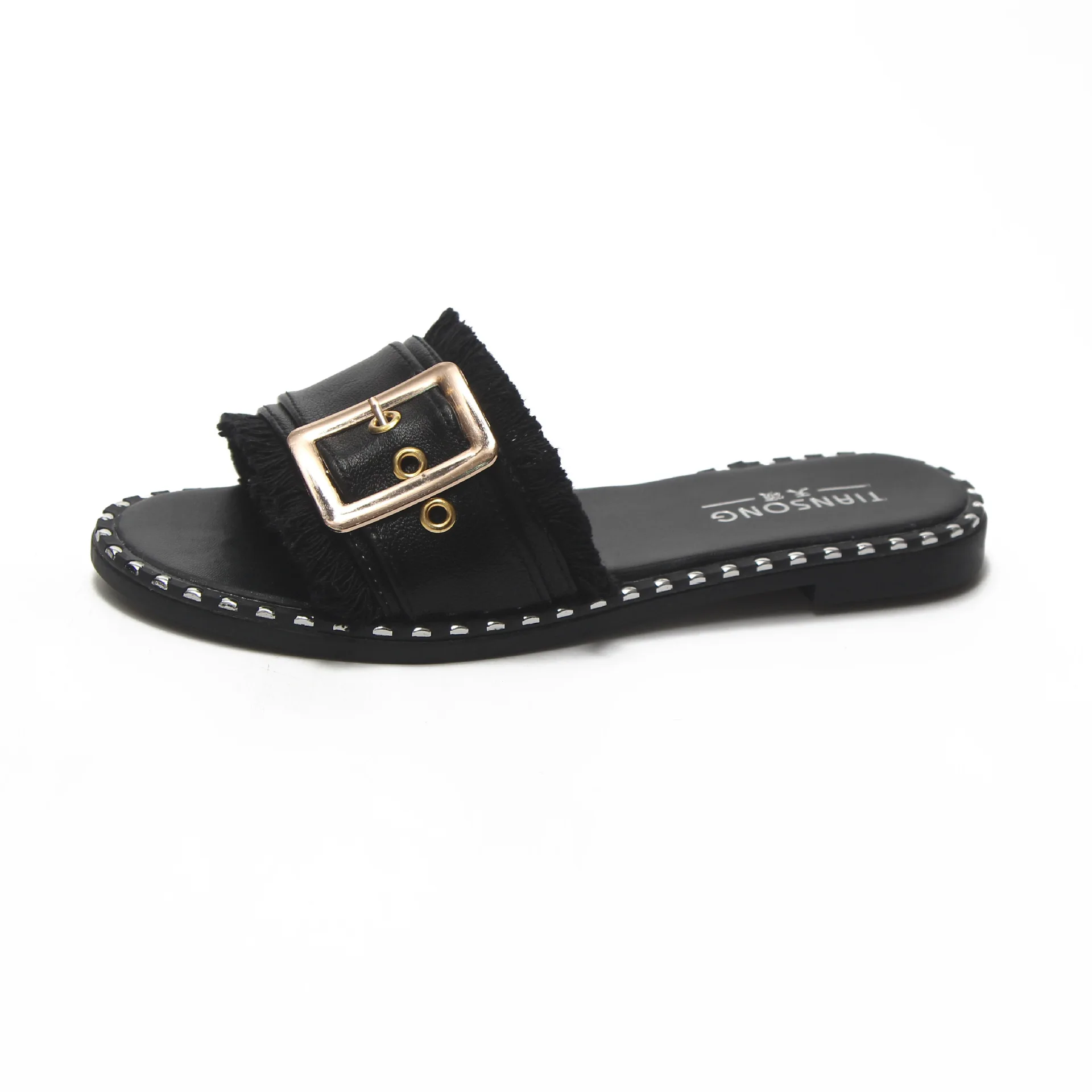 

Solid Metal Decoration Summer Flat Slides Women Open Outside Toe Slippers Concise Summer Ladies Shoes