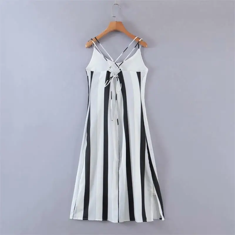 

Women Striped Dress 2021 Street Style Fashion V-Neck Backless Party Vestido Elegant Causal Side Slit Outfit
