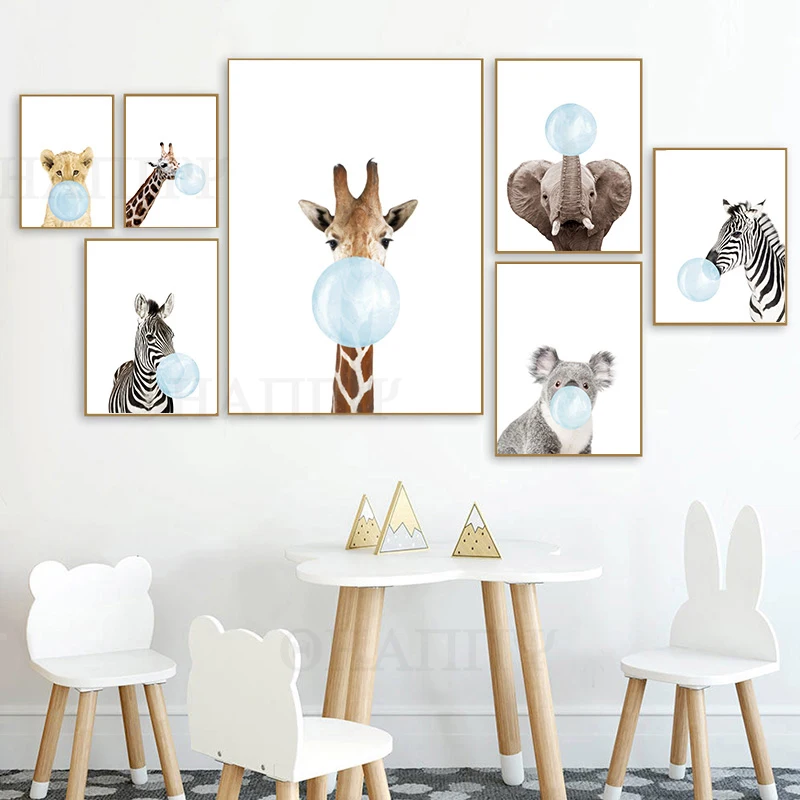 

Baby Animal Blue Bubble Poster Nursery Wall Art Canvas Painting Zebra Giraffe Wall Pictures For Baby Kid Room Picture Unframed