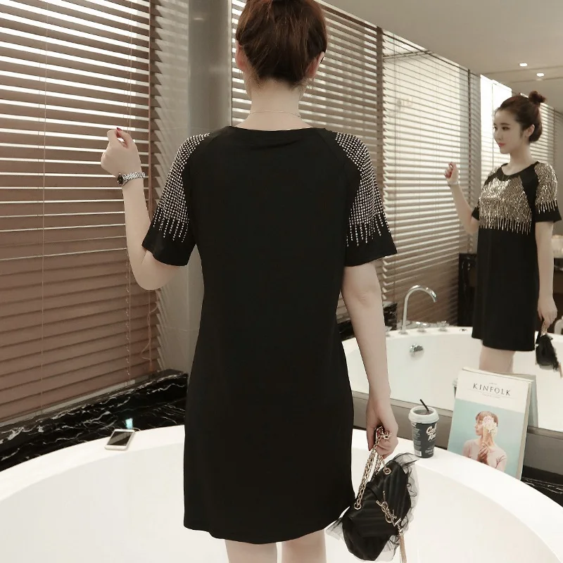 Women Summer Dresses 2022 Fashion Casual Short Sleeve Vestidos Sexy Rivet Diamonds Dress Shirt Loose Black Dress Plus Size XXXL