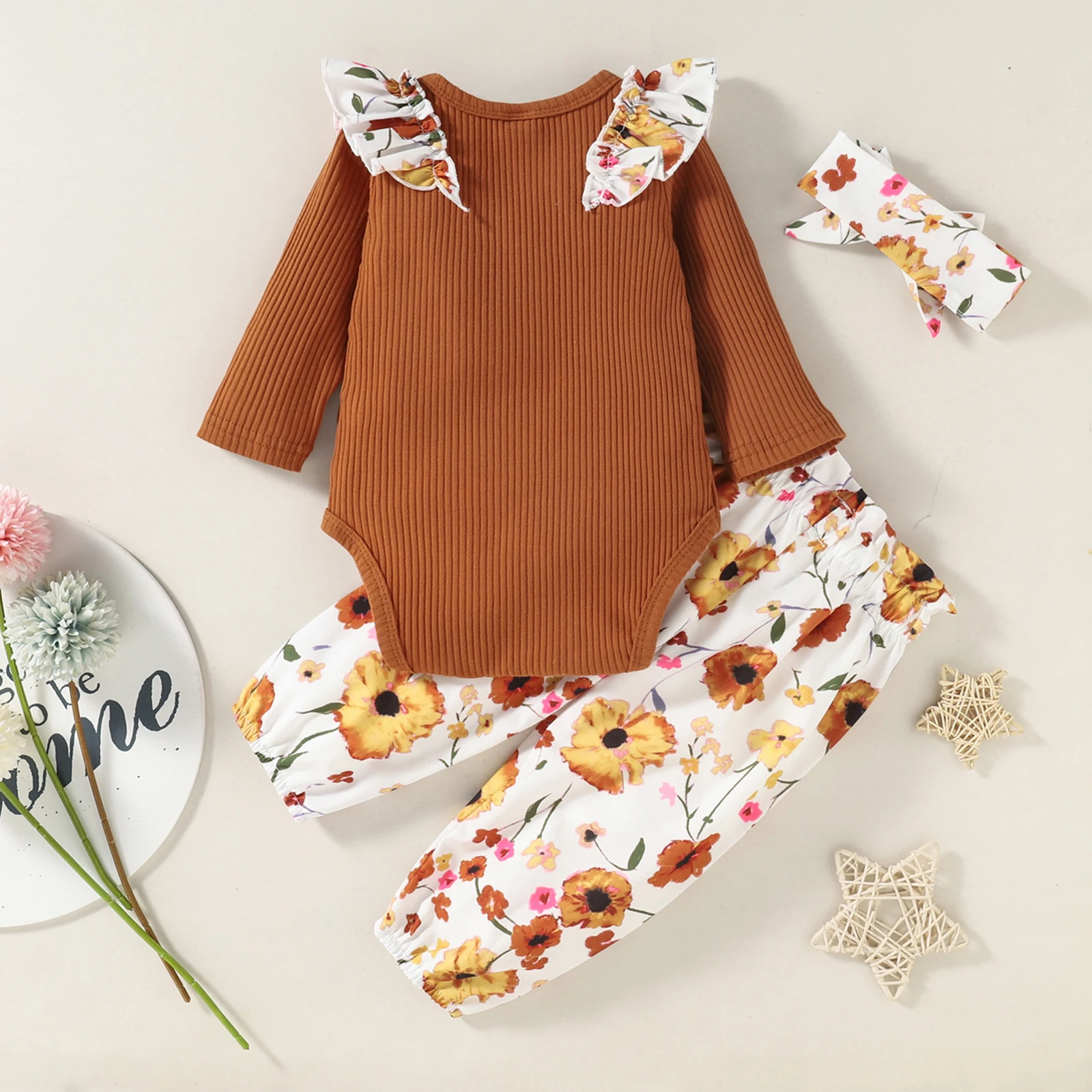 

Spring Baby Girls Floral Print Clothes Set, Long Sleeve O-neck Ruffle Romper+Elastic Waist Trousers+Bow-knot Headband