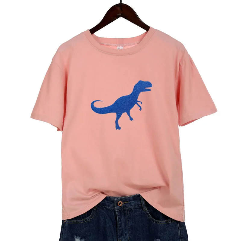 Блестящая женская футболка с принтом динозавра хлопковая свободная круглым