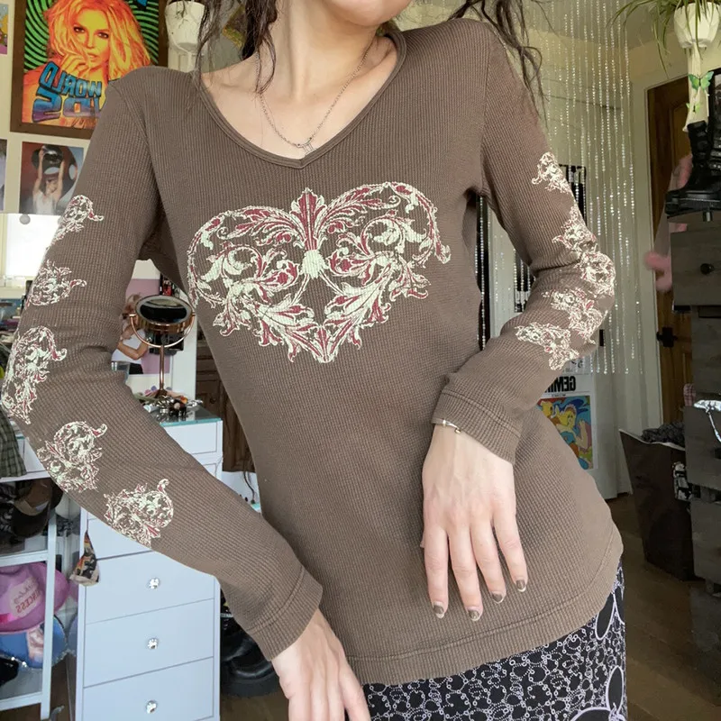 

Grunge T Shirt y2k Graphic Knitted Crop Top Long Sleeve V Neck Cute Pullovers Vintage Casual Harajuku Women Tee Boho