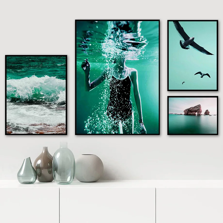 

Green Sea Waves Diver Seagull Landscape Wall Art Canvas Painting Nordic Posters And Prints Wall Pictures For Living Room Decor