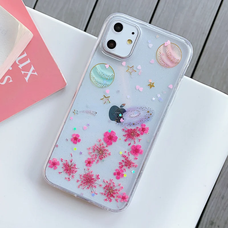Style 17 Модный Блестящий НАСТОЯЩИЙ СУХОЙ прессованный цветочный чехол для телефона для iphone 11 pro XS MAX x XR 6 7 8 plus Прозрачная силиконовая задняя крышка для девочки - Цвет: Style 17