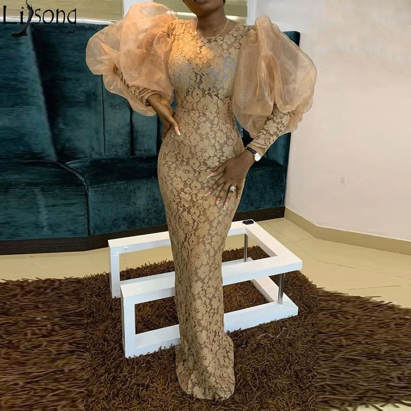 

Aso Ebi Vintage Gold Lace Evening Dresses 2020 New Sheath Floor Length Puffy Long Sleeve African Women Formal Dress Prom Gowns
