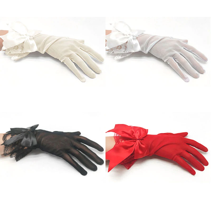 

Женские кружевные сетчатые перчатки элегантный короткий большой перчатки с бантиком Свадебные аксессуары пикантные однотонные Цвет полны...