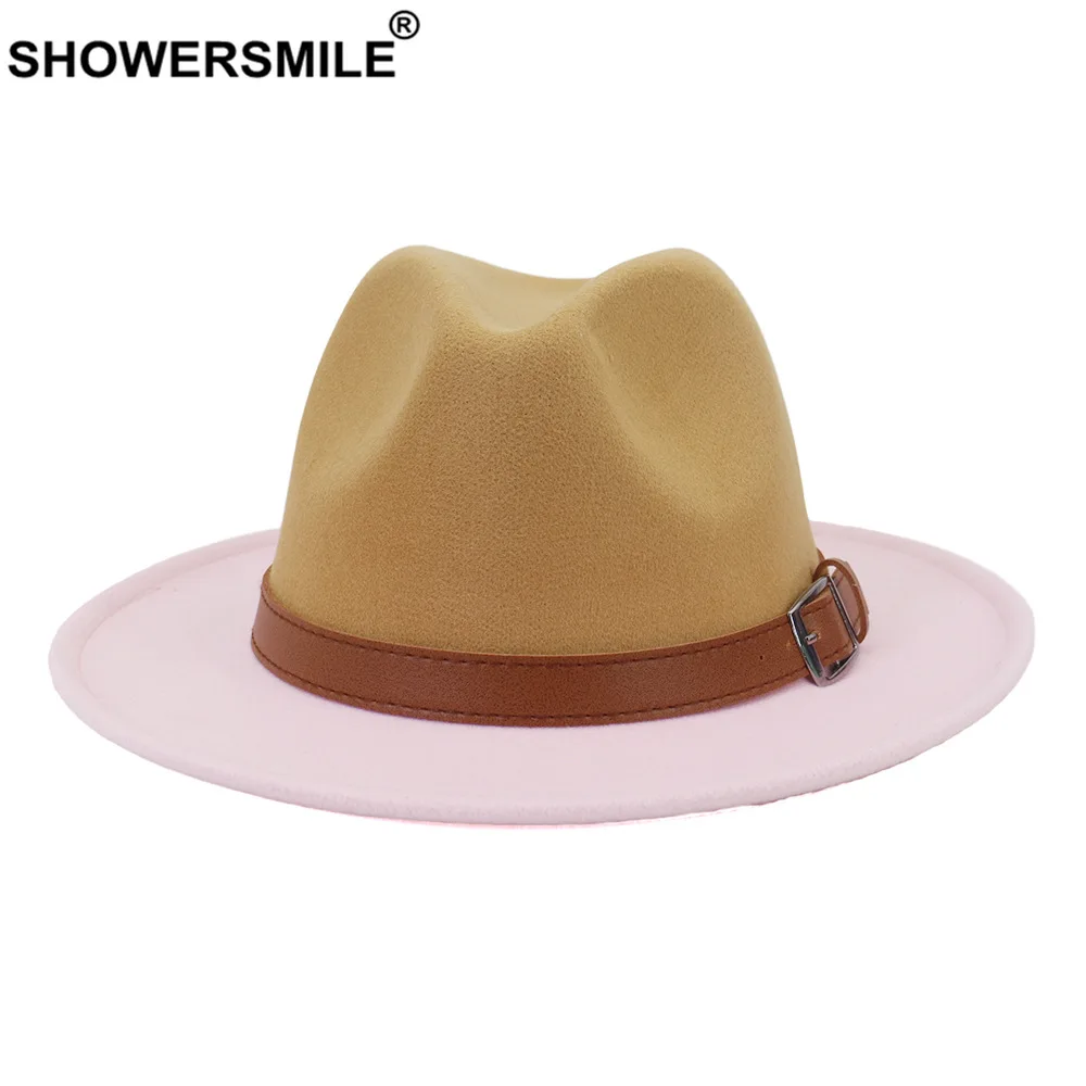 

SHOWERSMILE Hats for Women Felt Fedora Pink Camel Patchwork Jazz Cap Panama Winter Autumn Imitation Woolen Ladies Sombreros