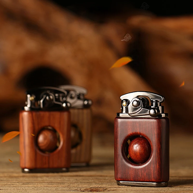 

2021 New Rotating Rocker Lighter Men and Women Gifts Pure Copper Rosewood Lighter Grinding Wheel Retro Playable Lucky Turn Beads