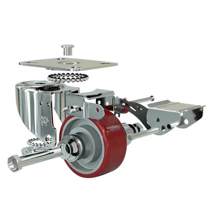 1 Pc Caster Medium-sized 4-inch Cast Iron Polyurethane Red Double Axle Universal Wheel With Brake Storage Cage Logistics Cart |