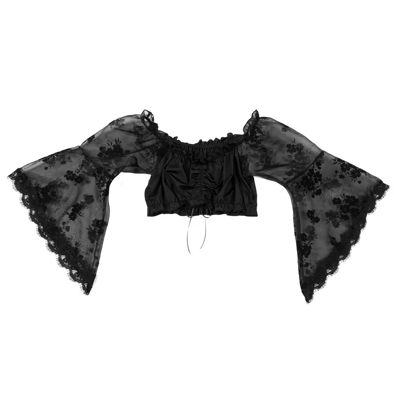 Женская винтажная блузка Черная кружевная с расклешенными рукавами открытыми