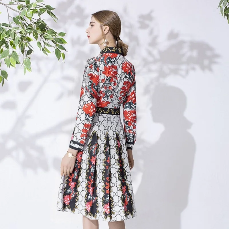 Осеннее женское платье с бантом и принтом 2019 Новое высококачественное весеннее