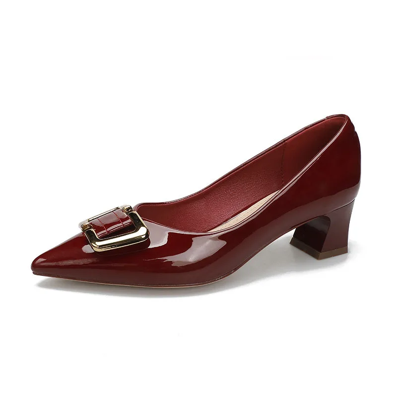 

Women's Patent Leather Slip On Loafers Chunky Heel Square Buckle Mules Spring Shoes Pointed Toe Shallow Mouth Black Pumps