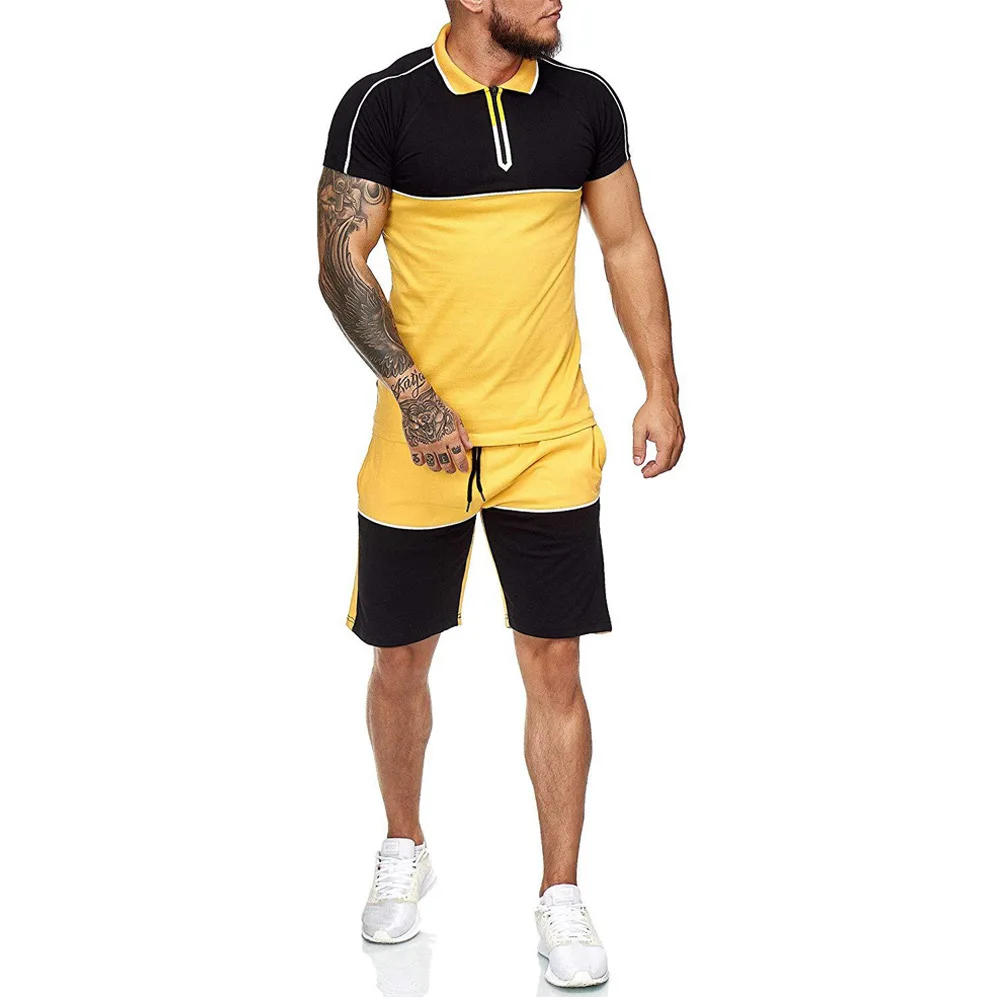 

Fashion Splicing Short Sleeve Men Suit 2021 Summer New Cotton O-neck Printed Top + Elastic Band Comfortable Sports Short Pants