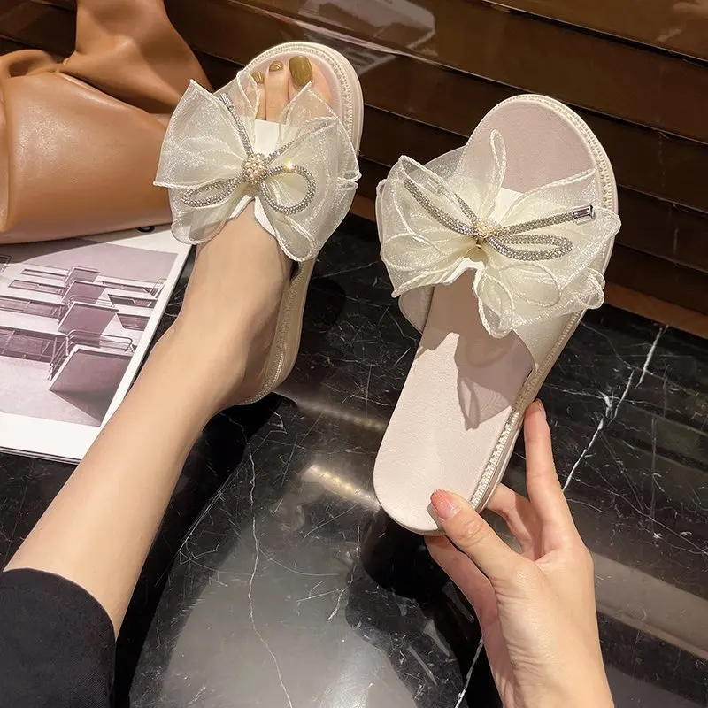 

Shoes Woman 2021 Slippers Casual Platform Pantofle Butterfly-Knot Shale Female Beach Heeled Mules Luxury Flat New Sabot Soft