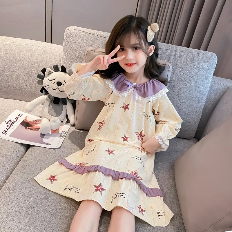 

Children Soft Cotton Nightdress Girls Long Sleeve Mid Length Sleepwear Leisure Bathrobe Night Wear Home Clothing Nighty